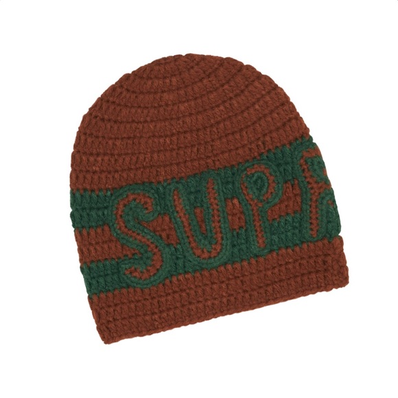 Supreme brown dark green handmade logo knit crochet beanie hat
